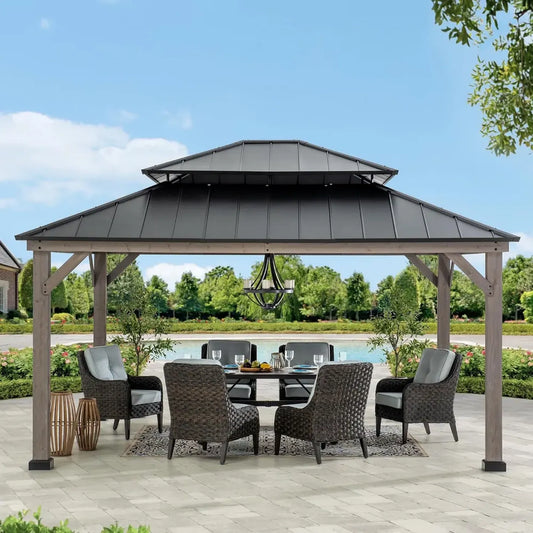 Pavillon de Jardin en Cèdre 390x450 cm avec Toit Métallique à Deux Niveaux, Résistant aux Intempéries, Idéal pour Terrasse et Piscine