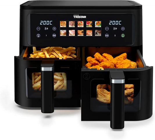 Double Friteuse à Air Tristar 9L, 2500W, Écran Tactile, 10 Programmes, Fenêtres de Cuisson, Sans PFAS, Minuterie Ajustable, Modèle FR-9075