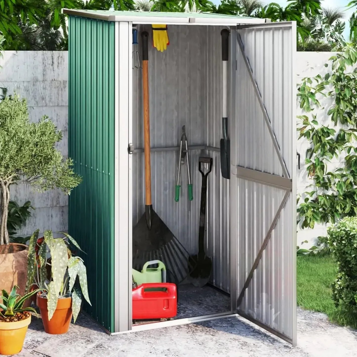 Abri de jardin métallique vert avec portes coulissantes, 118,5 x 97 x 209,5 cm