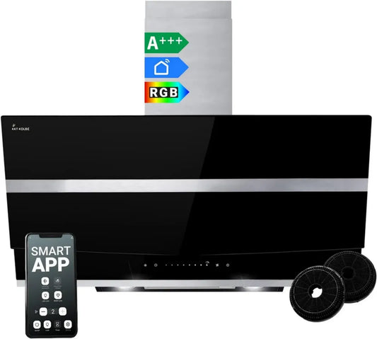 Hotte aspirante murale 90 cm en acier inoxydable et verre noir avec WiFi et éclairage LED RVB
