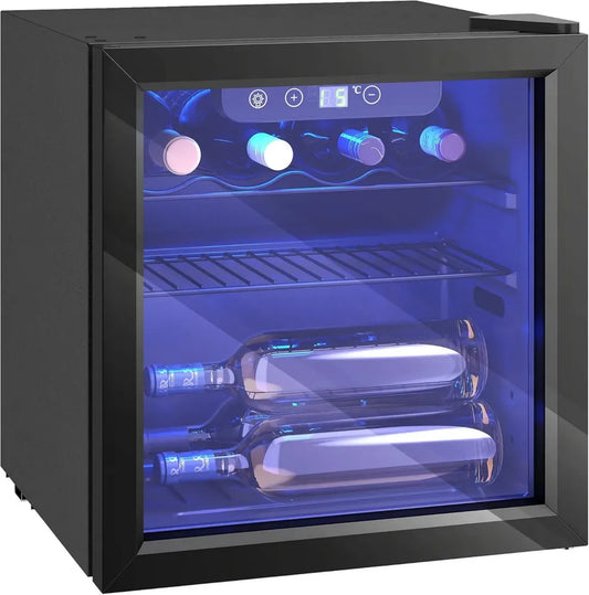 HOMCOM Cave à Vin 36L - Refroidisseur de Boissons 12 Bouteilles, Température Ajustable 4-16°C, Porte Réversible en Verre Trempé, Éclairage LED, Étagère Amovible