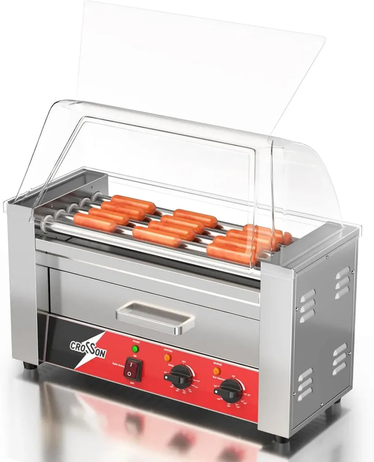 Gril à Hot Dog Professionnel CROSSON 5 Rouleaux, Tiroir Chauffant pour Pains, Capacité 12 Hot Dogs, Acier Inoxydable 1050W, Température Réglable avec Pare-éternuement